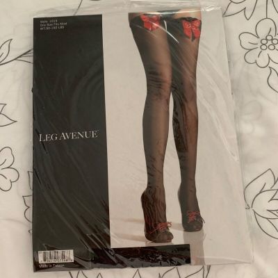 LEG AVENUE SHEER LACE TOP THIGH HIGHS with RED BOW & SEQUINED HEART APPLIQUE-O/S